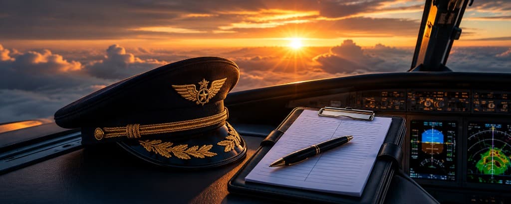 Cockpit at sunset with captain's hat and flight paperwork — CrewRules hero