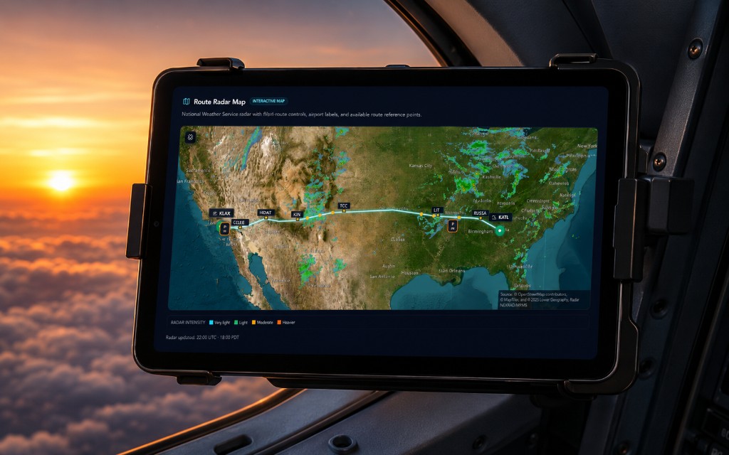 CrewRules™ Weather Brief route radar map preview in the cockpit